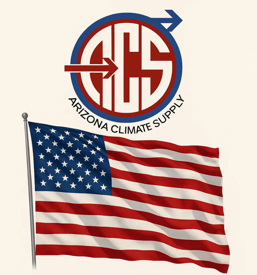 An Arizona Climate Supply logo above a waving American flag on a light beige background.